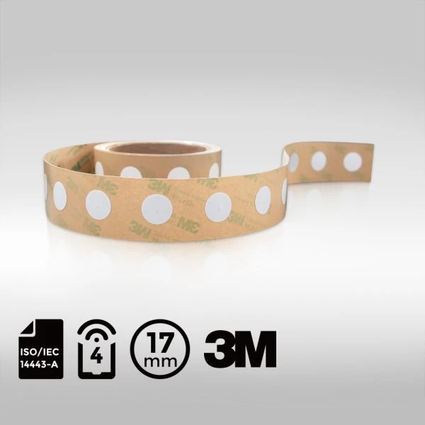 Roll of round AZL-424-PET3M-D17 NFC labels with ISO/IEC 14443-A, NFC Type 4, 17mm diameter, and 3M adhesive icons