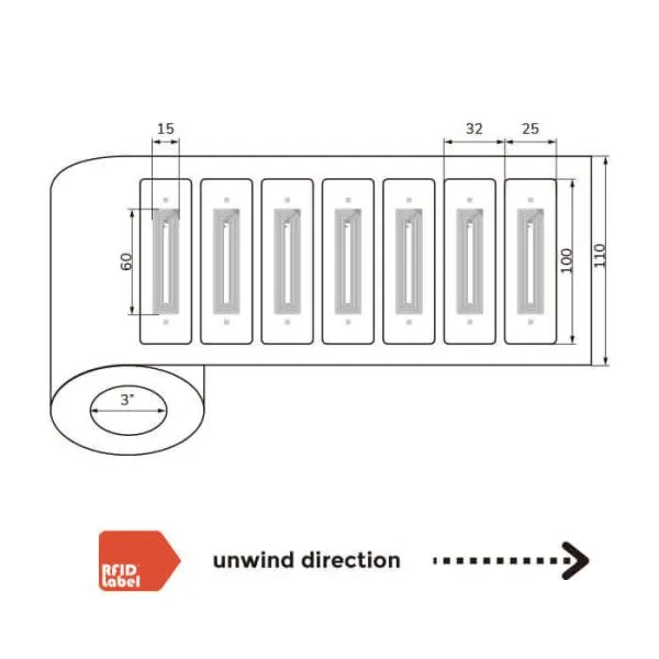 Technical diagram of 10025mm NFC-Label showing ICODE SLIX antenna layout and roll specifications.