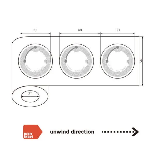 Technical roll specifications for 38mm circular NFC Label with ST25TV02KC chip.