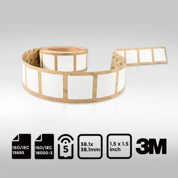 38.1 38.1mm NFC Label featuring NXP ICODE SLIX chip and 3M adhesive.