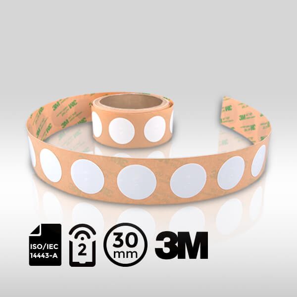 Dia 30mm Round HF RFID Label with NXP MIFARE Ultralight EV1 chip and 3M adhesive.