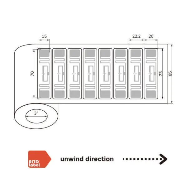 Technical roll specifications for 7320mm UHF RFID Label with NXP UCODE 9 chip.