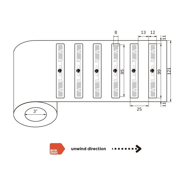 Technical diagram of 9912mm Tamper-proof UHF-RFID-Label showing antenna layout and roll specifications.