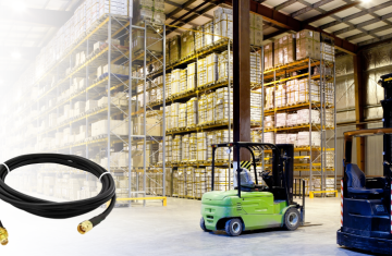 Industrial warehouse environment featuring a forklift and shelving, paired with high-quality RF coaxial cables and connectors for RFID systems.