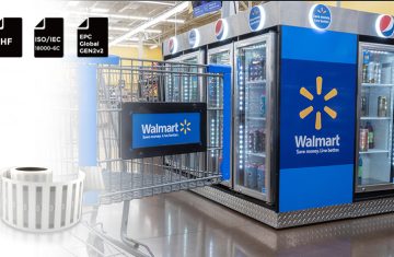 An ARC Certified Impinj Monza R6-P RFID Label attached to retail apparel products meeting Walmart compliance standards.