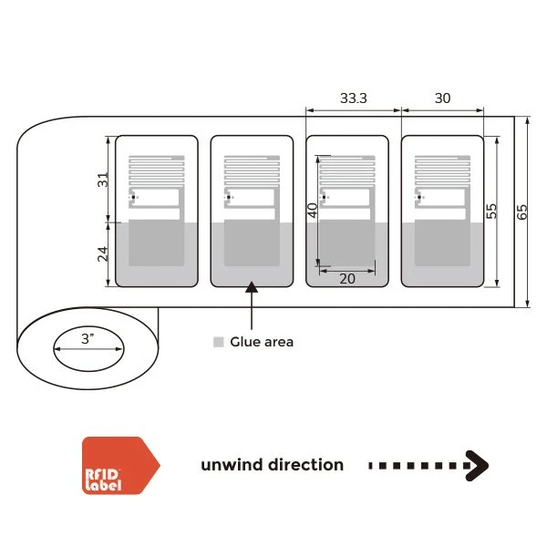 Technical roll specifications for 5530mm UHF RFID Flag Label with NXP UCODE 9 chip.
