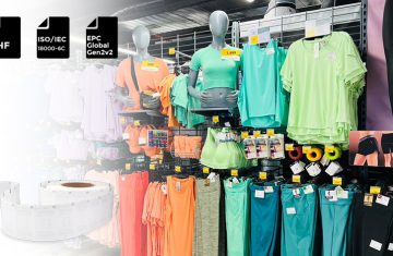 A retail clothing display and clothing with sewn RFID labels illustrating why Decathlon uses RFID technology on apparel