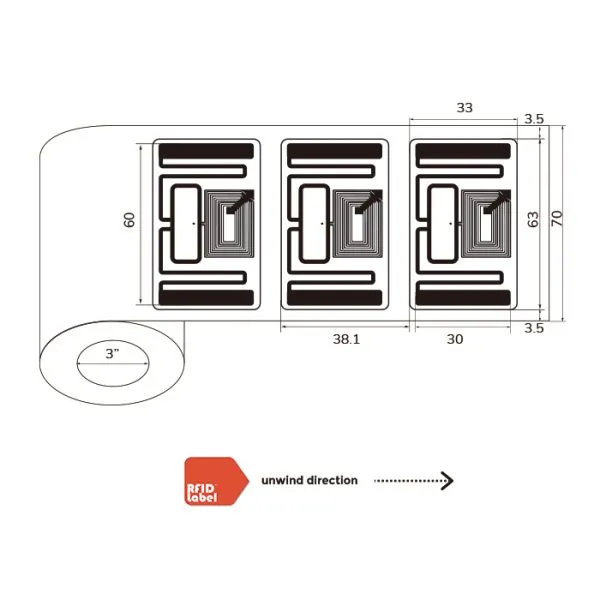 Technical diagram of 6333mm Dual-Frequency-RFID-Label showing antenna dimensions and roll specifications for EM4425 chip.