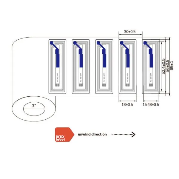 Technical roll specifications for 5618mm HF RFID Label with NXP MIFARE Ultralight C chip.