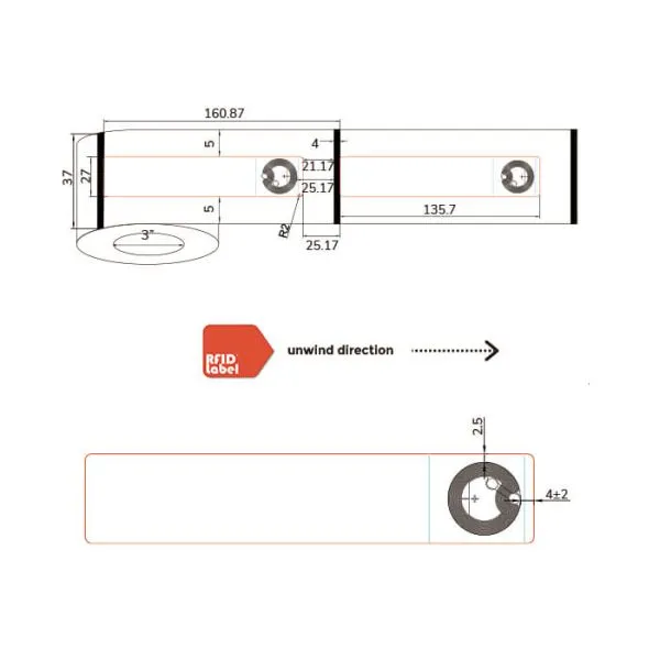Technical diagram of 135.7 27mm HF-RFID-Label showing MIFARE DESFire EV3 2K antenna layout and roll specifications.