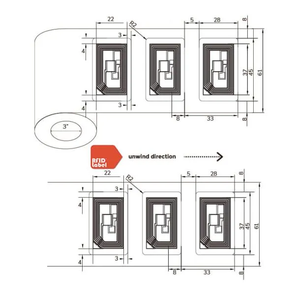 Technical diagram of 4528mm HF-RFID-Label showing MIFARE Classic S50 antenna layout and roll specifications.