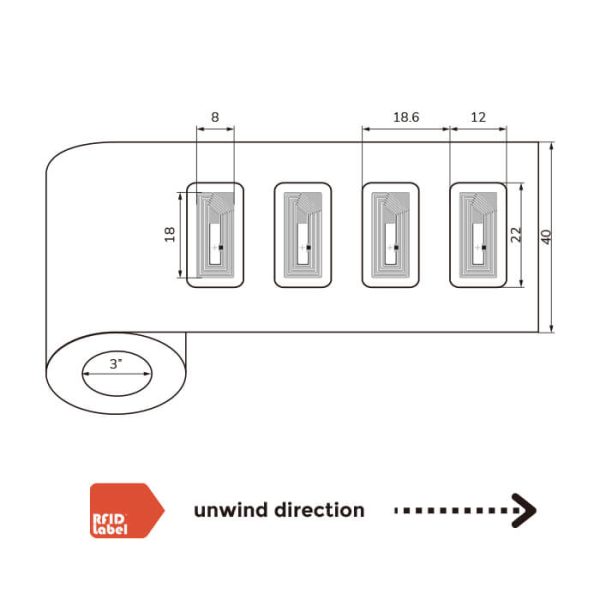 Technical roll specifications for 2212mm HF RFID Label with NXP MIFARE Ultralight EV1 chip.