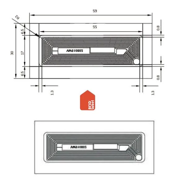 Technical diagram of 5517mm HF RFID sticker showing MIFARE Classic S50 antenna layout and roll specifications.