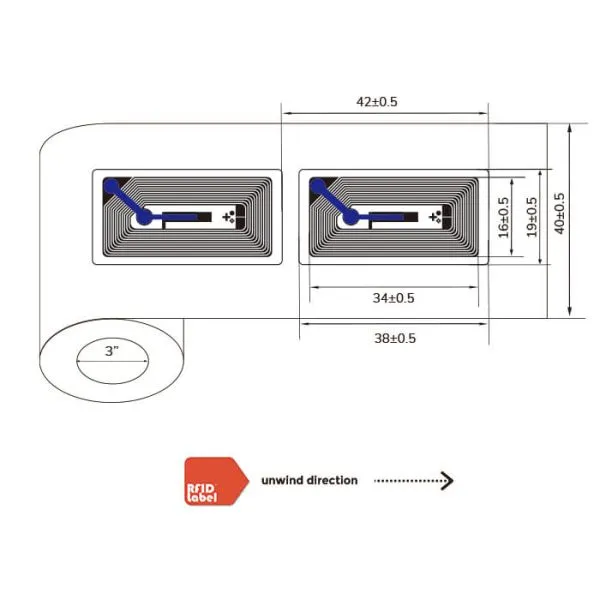 Technical roll specifications for 1.5 0.75 inch NFC-Label with NXP ICODE SLIX chip.