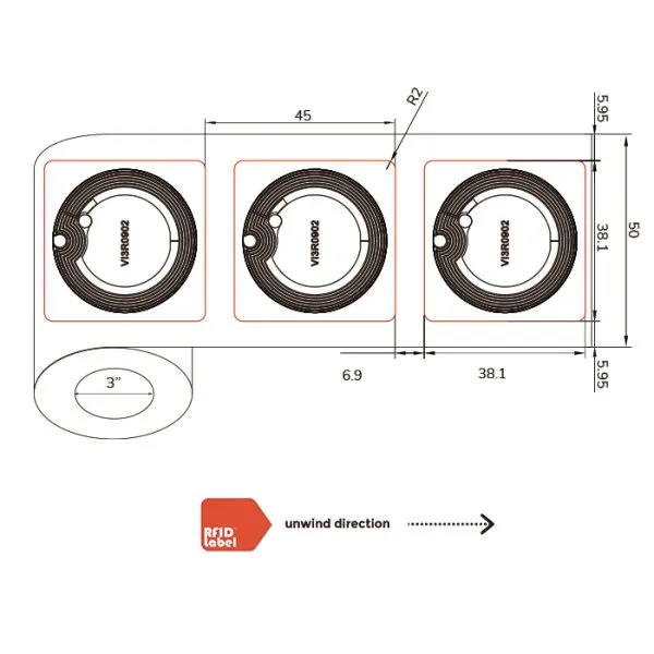 Technical roll specifications for 38.1 38.1mm NFC Label with NXP ICODE SLIX chip.
