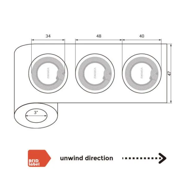 Technical roll specifications for 40mm circular NFC-Label with ICODE SLIX2 chip.
