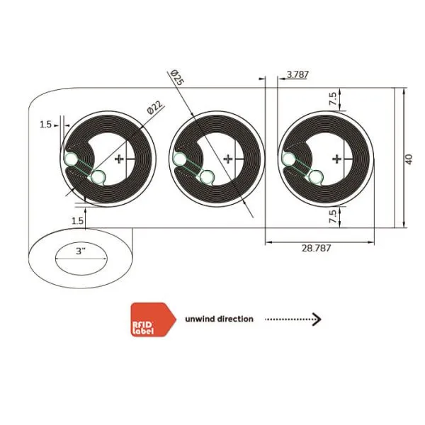 Technical roll specifications for 25mm circular NFC Label with ST25TN01K chip.