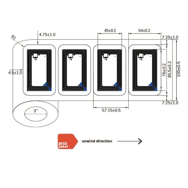 Technical roll specifications for 85.5 by 54mm NFC Label featuring ST25TV02K chip.