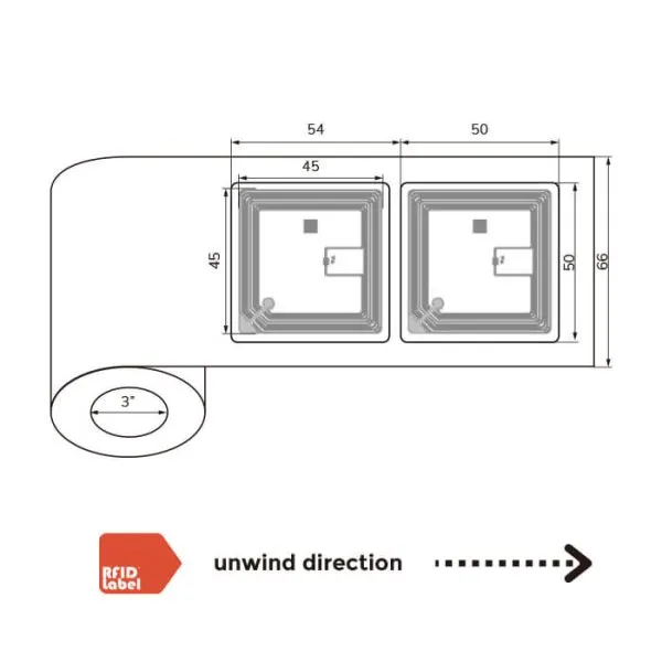Technical roll specifications for 5050mm square NFC Label with ST25TV02KC chip.