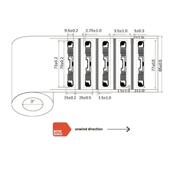 Technical diagram of 7315mm UHF-RFID-Label with EM4126 chip showing roll dimensions and antenna layout.