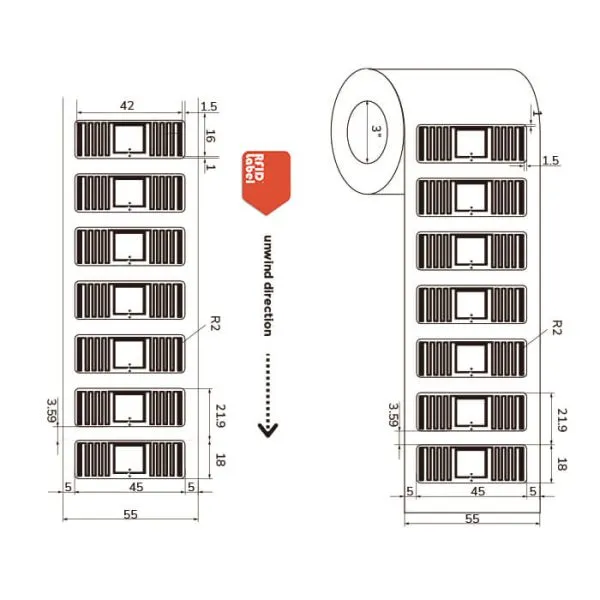 Technical diagram of 4518mm UHF-RFID-Label showing Alien Higgs 10 antenna layout and roll specifications.