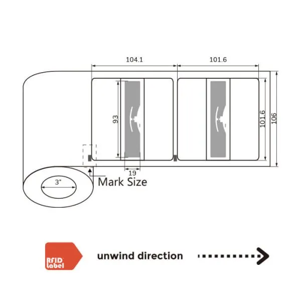 Technical diagram of 4 4 UHF-RFID-Label showing Alien Higgs 3 antenna layout and roll specifications.