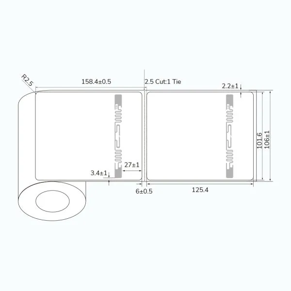 Technical diagram of 4 6 UHF-RFID-Label showing Alien Higgs 4 antenna layout and roll specifications.