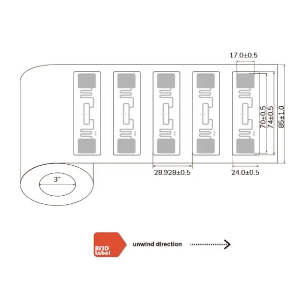 Technical diagram of 74 24mm UHF-RFID-Label showing Alien Higgs 4 antenna layout and roll specifications.