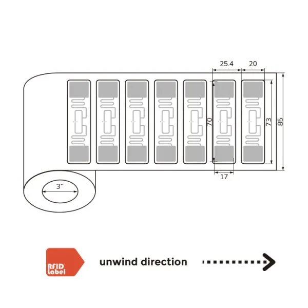 Technical diagram of 7320mm UHF-RFID-Label showing Alien Higgs 9 antenna layout and roll specifications.