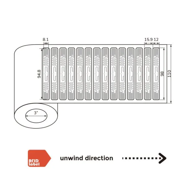 Technical diagram of 98 12mm UHF-RFID-Label showing Alien Higgs 9 antenna layout and roll specifications.