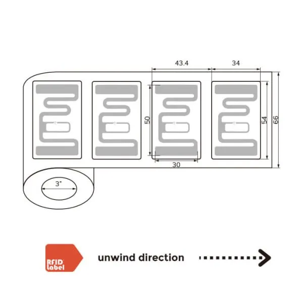 Technical diagram of 5434mm UHF-RFID-Label showing Alien Higgs 9 antenna layout and roll specifications.