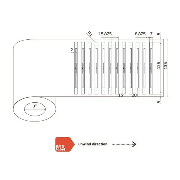 Technical diagram of 1257mm UHF-RFID-Label showing Alien Higgs EC antenna layout and roll specifications.