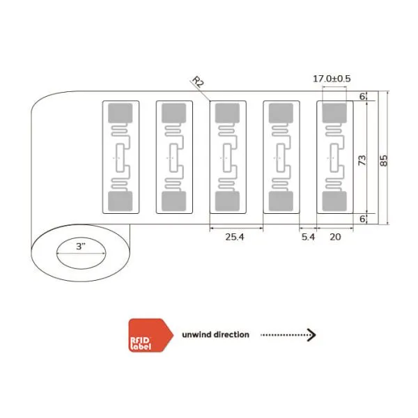 Technical specifications diagram of 7320mm UHF-RFID-Label with Alien Higgs EC chip.