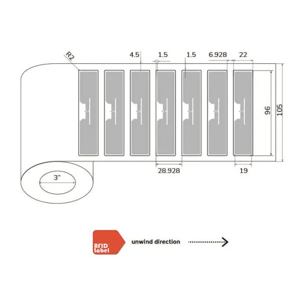 Technical diagram of 9622mm UHF-RFID-Label showing Alien Higgs EC antenna layout and roll specifications.