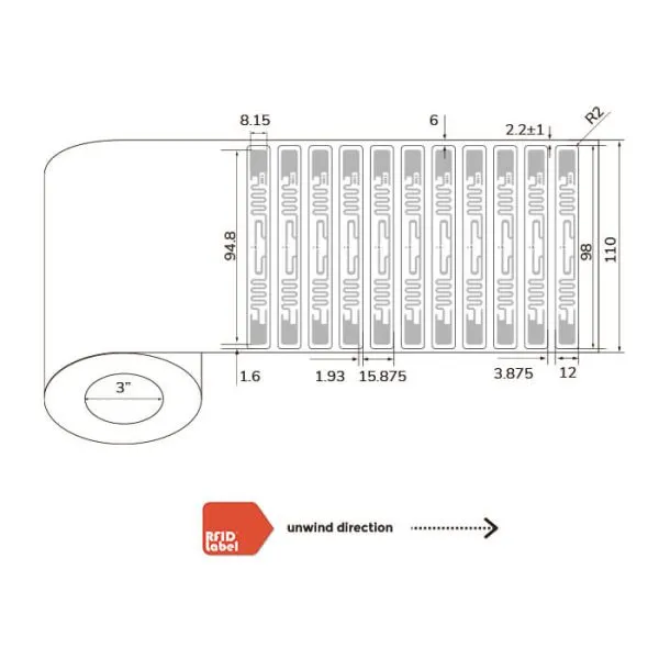 Technical diagram of 9812mm UHF-RFID-Label showing Alien Higgs EC antenna layout and roll specifications.