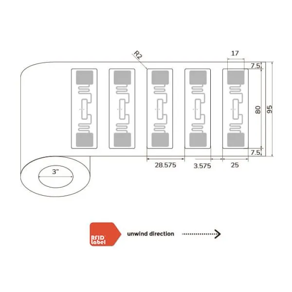 Technical diagram of 8025mm UHF-RFID-Label showing Alien Higgs EC antenna layout and roll specifications.