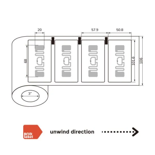 Technical diagram of 4 2 (101.6 50.8mm) UHF-RFID-Label showing Monza 4D antenna layout and roll specifications.