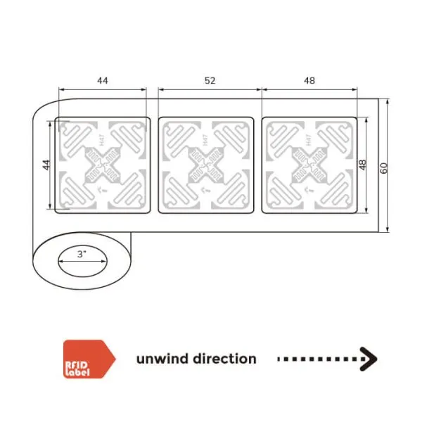 Technical diagram of 4848mm UHF-RFID-Label featuring Impinj Monza 4E chip and roll specifications.