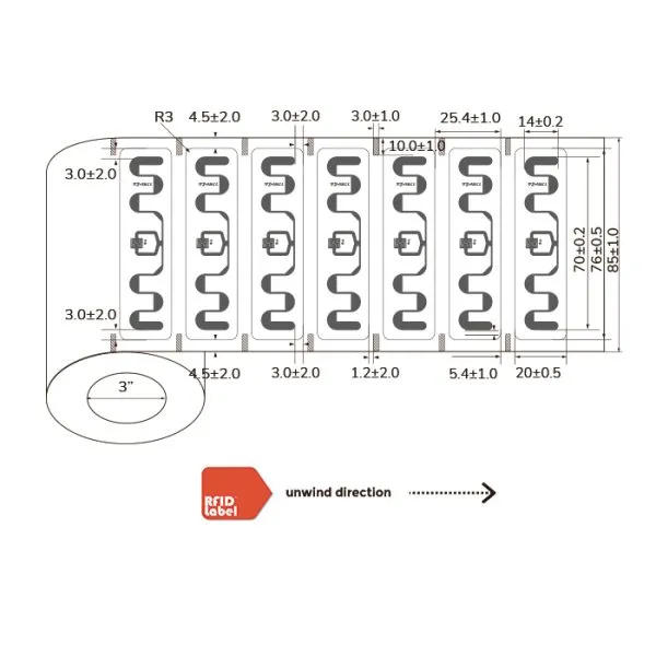 Technical diagram of 7620mm Microwaveable UHF-RFID-Label with Impinj M750 chip.