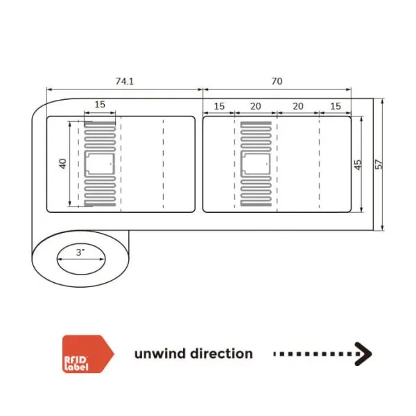 Technical roll specifications for 7045mm Flag UHF RFID Label with NXP UCODE 8 chip.