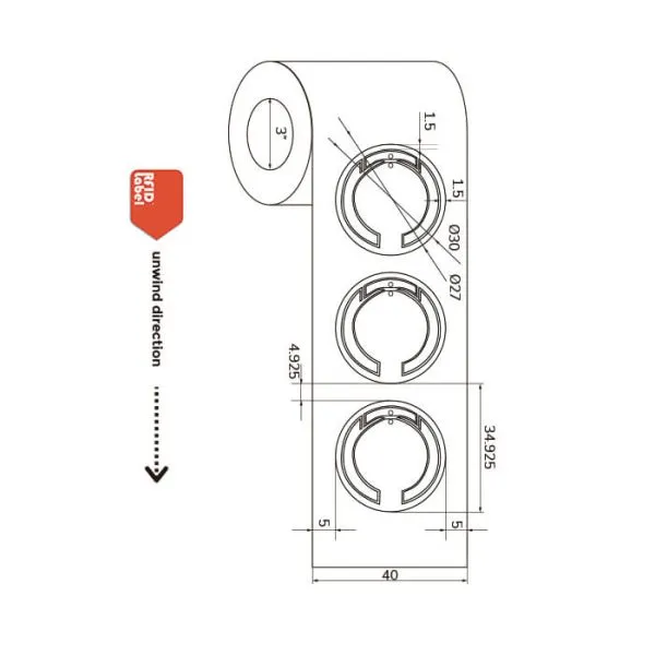 Technical roll specifications for 30mm Round UHF RFID Label with NXP UCODE 9 chip.