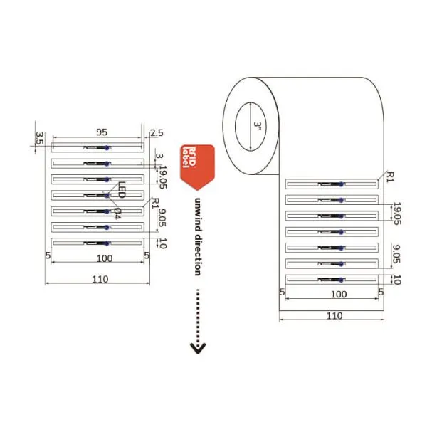 Technical diagram of 10010mm LED UHF-RFID-Label showing roll dimensions and LED position for precise tracking.