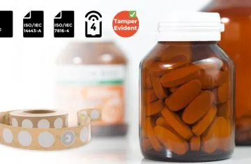 NXP Ntag424 DNA Tamper Evident NFC Label A medicine bottle secured with tamper-evident NFC labels illustrating what they are and how they work