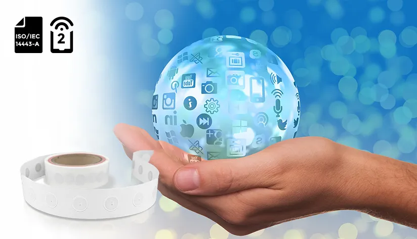 NXP NTAG NFC Label A hand holding a digital smart globe and roll NXP NTAG NFC labels illustrating how NXP NTAG NFC labels make the Internet of Things smarter