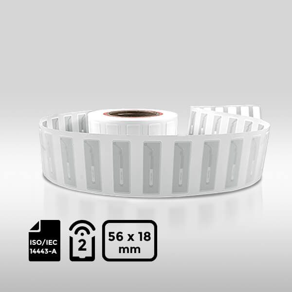 5618mm HF RFID Label with NXP MIFARE Ultralight EV1 chip and 50pF capacitance.