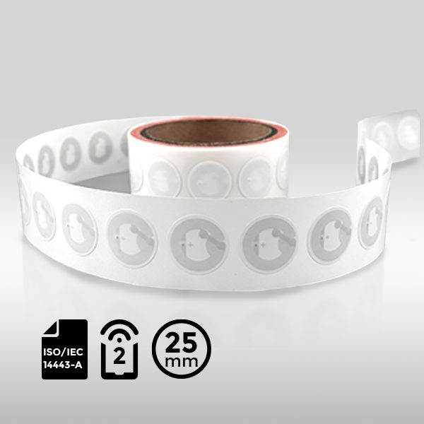 25mm circular NFC Label featuring ST25TN01K chip with TruST25 digital signature.