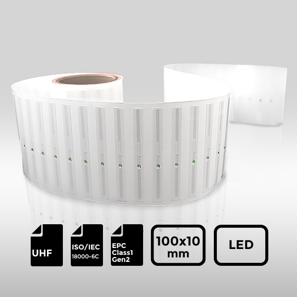 10010mm UHF-RFID-Label with LED flashing light for fast item locating and asset tracking.
