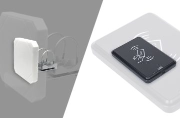 buy RFID Antenna A product comparison image showing an industrial RFID panel antenna with mounting brackets on the left and a USB RFID desktop reader on the right