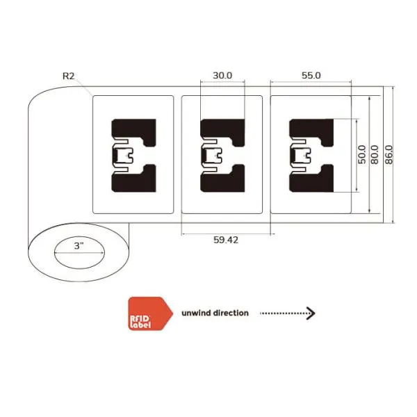 Technical drawing of the AD-Fit-M730, illustrating the 8055mm dimensions, 58.7mm pitch, and outward unwind direction.