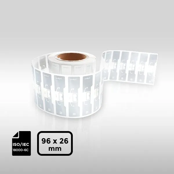 Product Roll of Impinj M730 AD Dogbone RFID Labels with Technical Standard Icons
